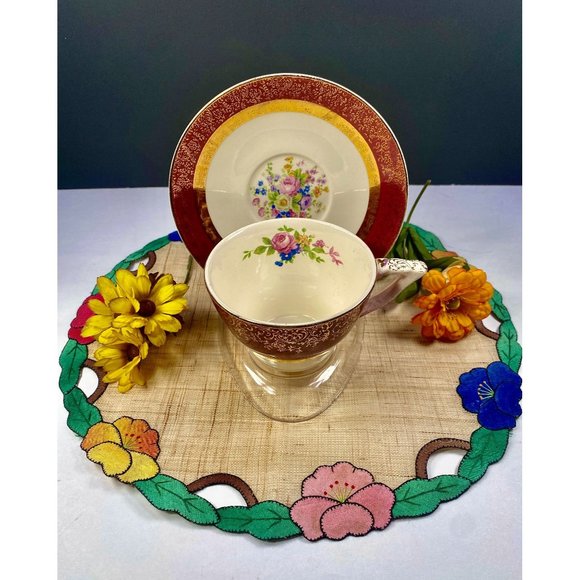 Aristocrat by Salem century maroon set 4 pieces, tea cup set, 23K gold encrusted - Picture 12 of 16